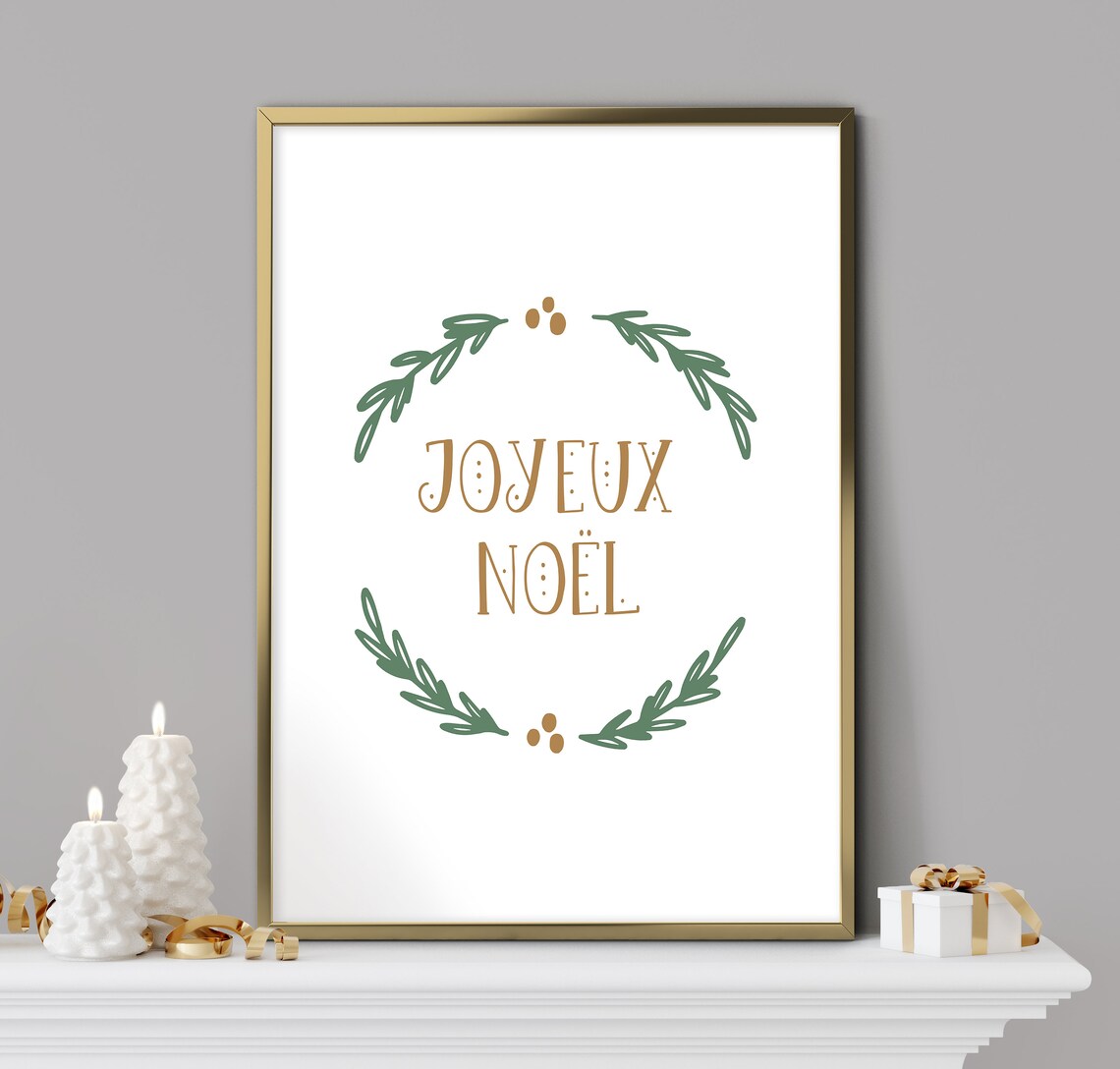 Joyeux Noel Green and Gold Laurel Wreath French Christmas Wall Art - Image 3