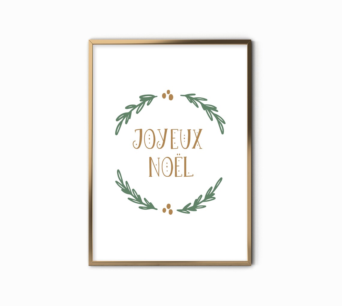 Joyeux Noel Green and Gold Laurel Wreath French Christmas Wall Art