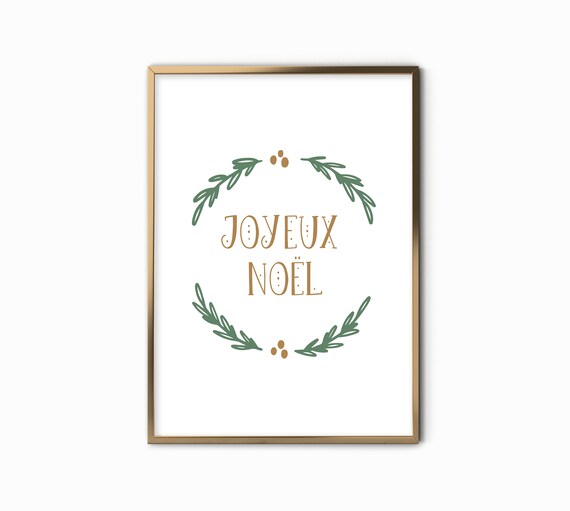 Joyeux Noel Green and Gold Laurel Wreath French Christmas Wall Art