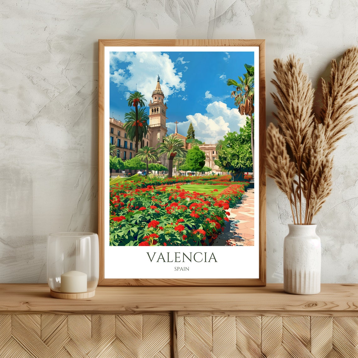 Valencia Cathedral Tower Palm Garden Spain Sunny Travel Poster - Image 3
