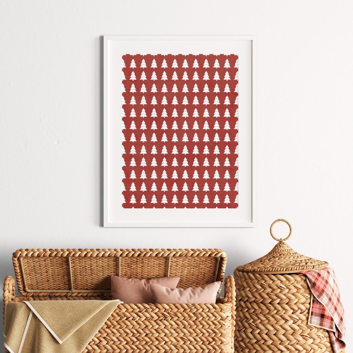 White Christmas Trees On Red Scandinavian Holiday Pattern Poster