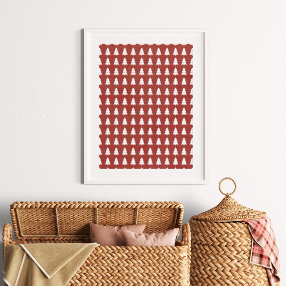 White Christmas Trees On Red Scandinavian Holiday Pattern Poster