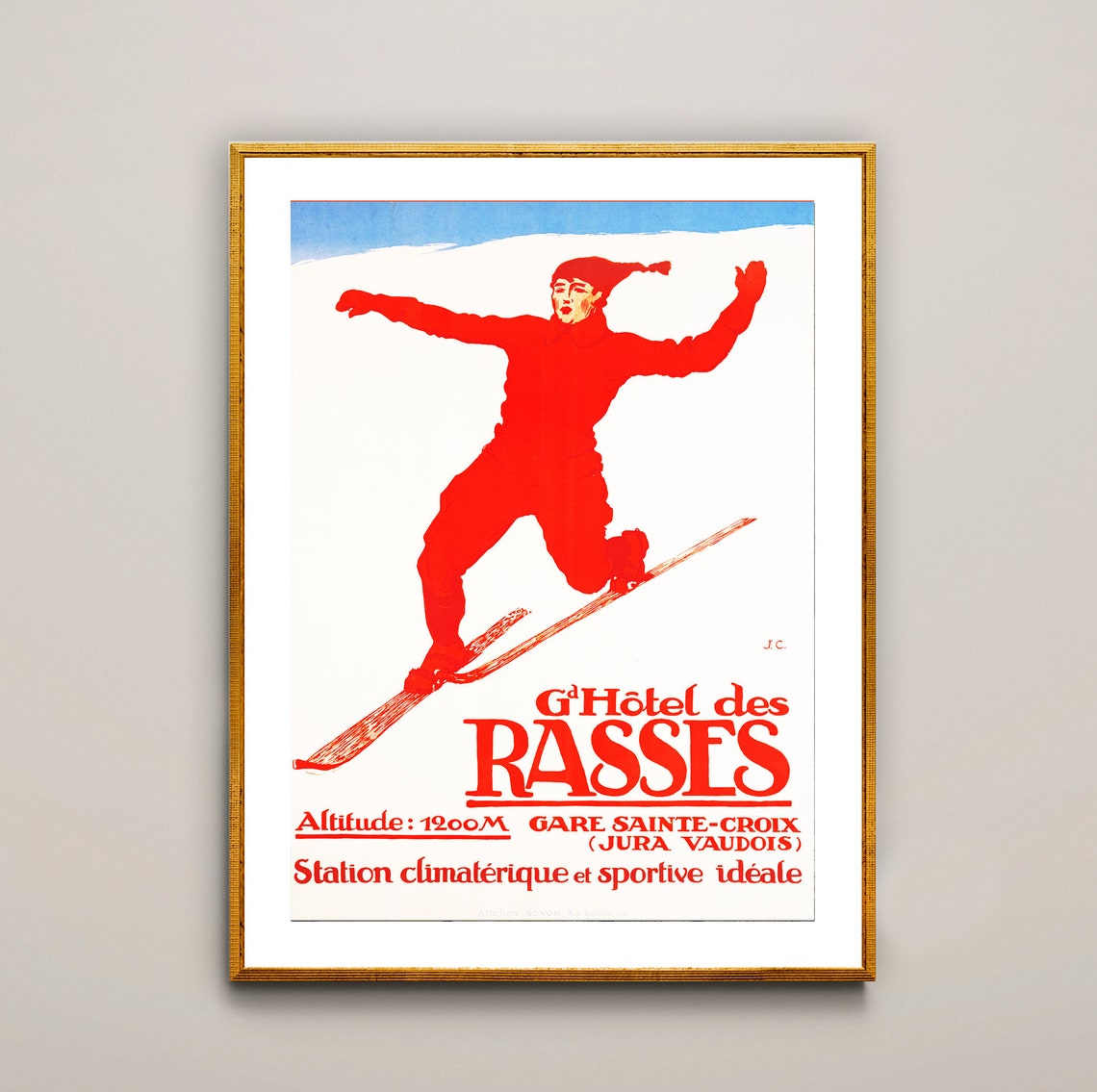 Grand Hotel des Rasses Vintage Swiss Ski Jumper Red Silhouette Poster