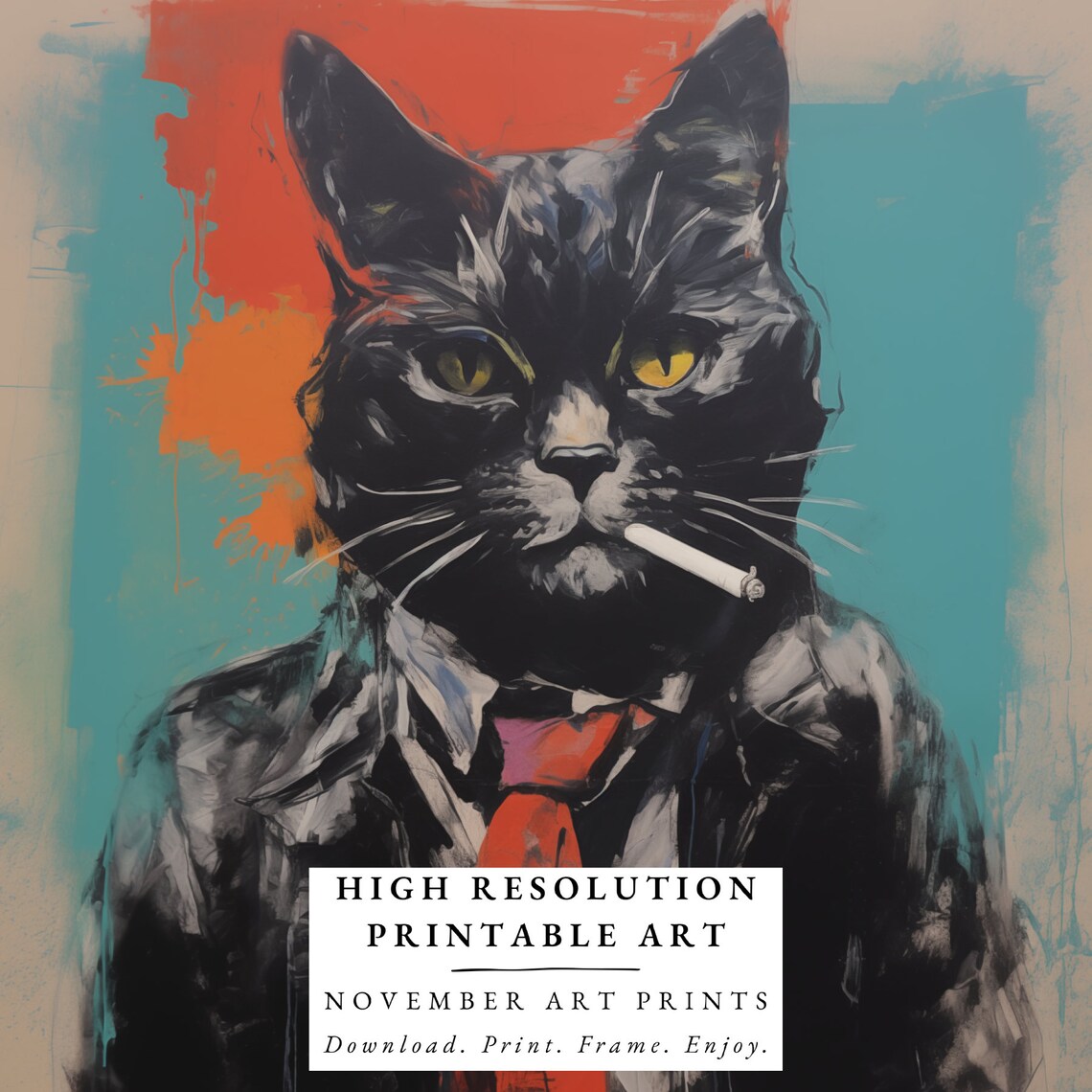Black Cat in Jacket and Tie Smoking Beatnik Style Funny Poster - Image 6