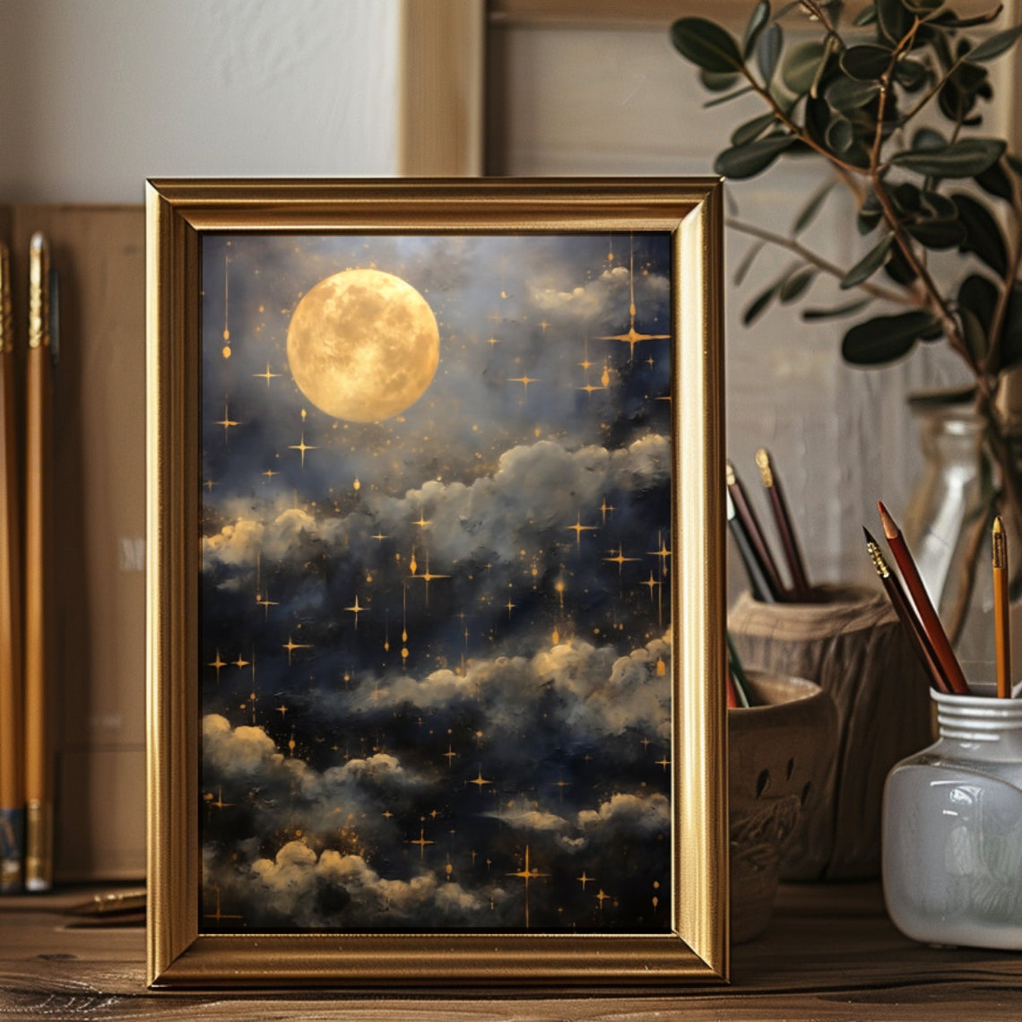 Vintage Night Sky Print Full Moon Oil Painting Cloudy Evening Wall Art Lunar Celestial Artwork Moody Starry Dark Academia Decor - Image 3