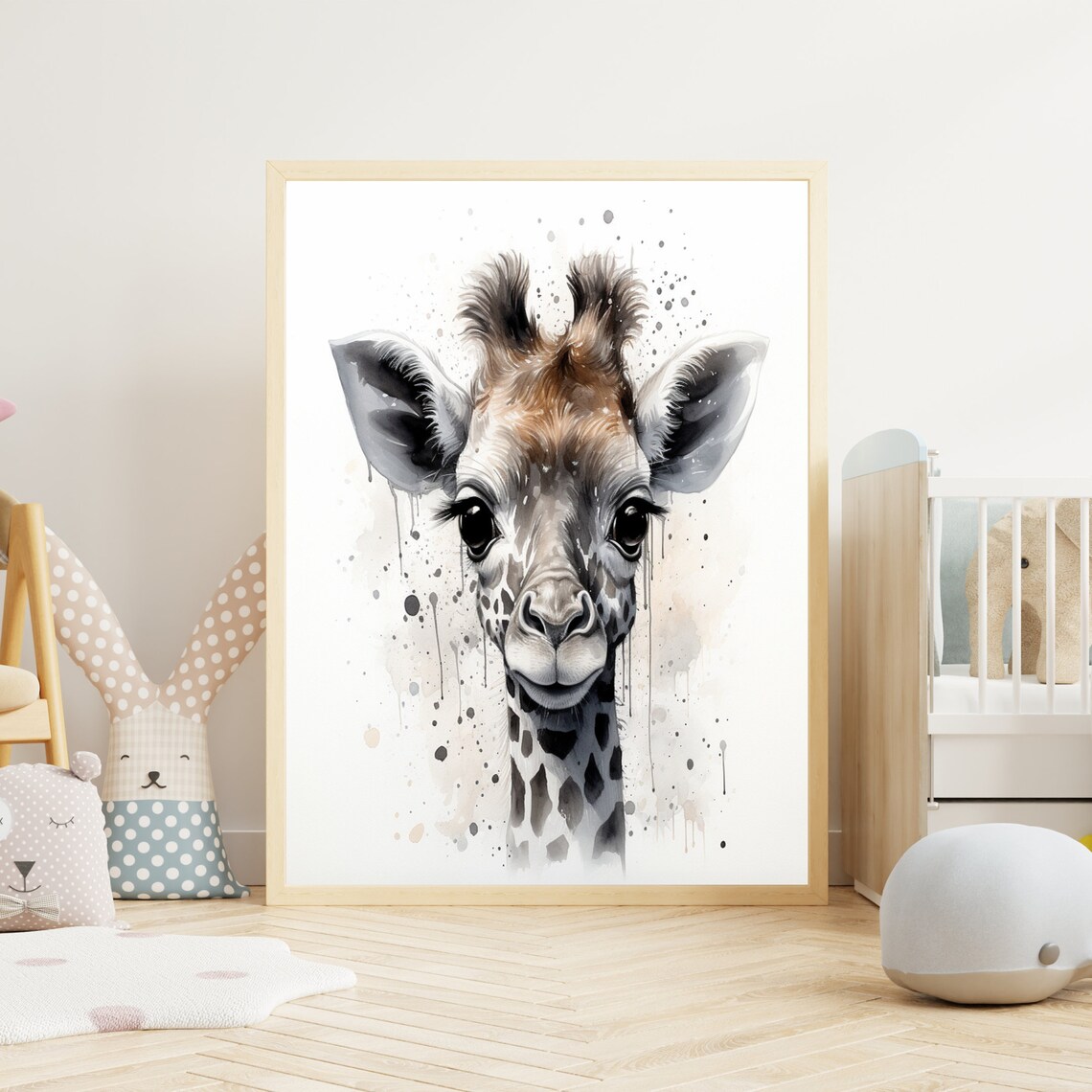 Adorable Baby Giraffe Portrait Watercolor Safari Nursery Poster