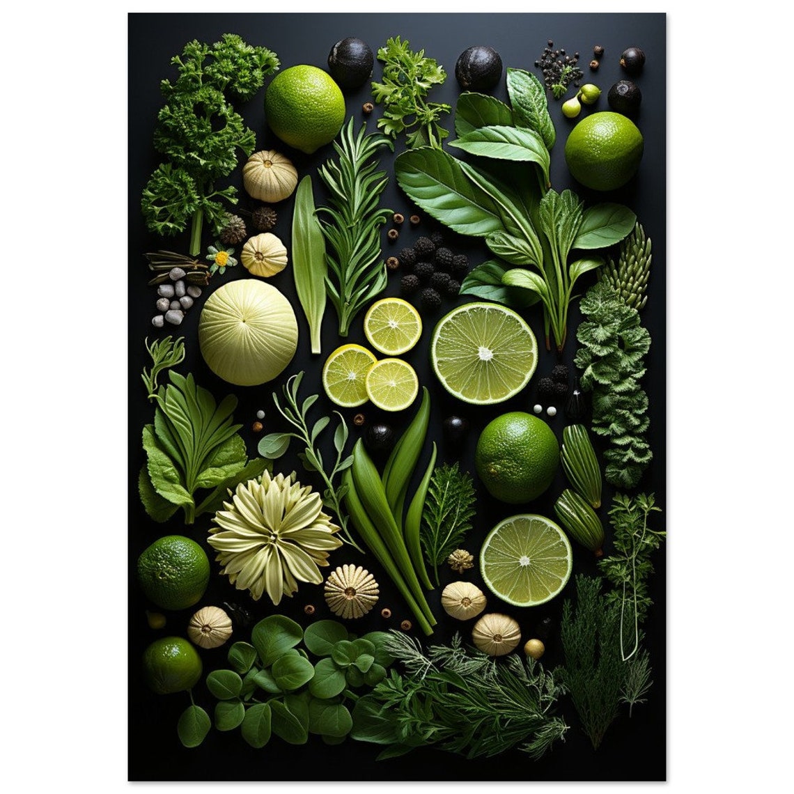 Green Vegetables Herbs Flat Lay Dark Background Kitchen Poster - Image 2