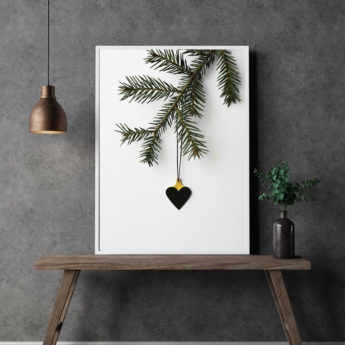 Pine Branch Black Heart Pendant Minimal Chic Christmas Poster - Image 2