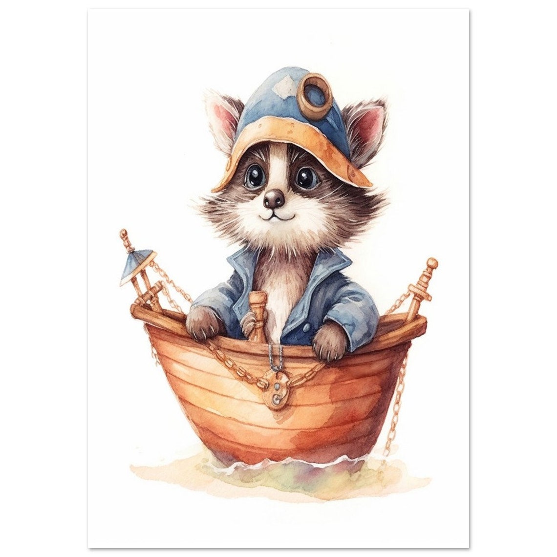 Cute Raccoon Sailor in Boat Watercolor Baby Nursery Art Poster - Image 2