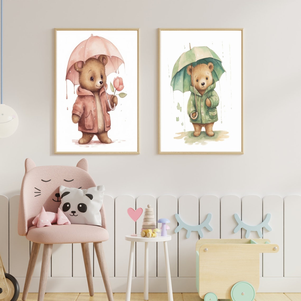 Teddy Bear in Green Raincoat with Umbrella Nursery Art Poster - Image 3