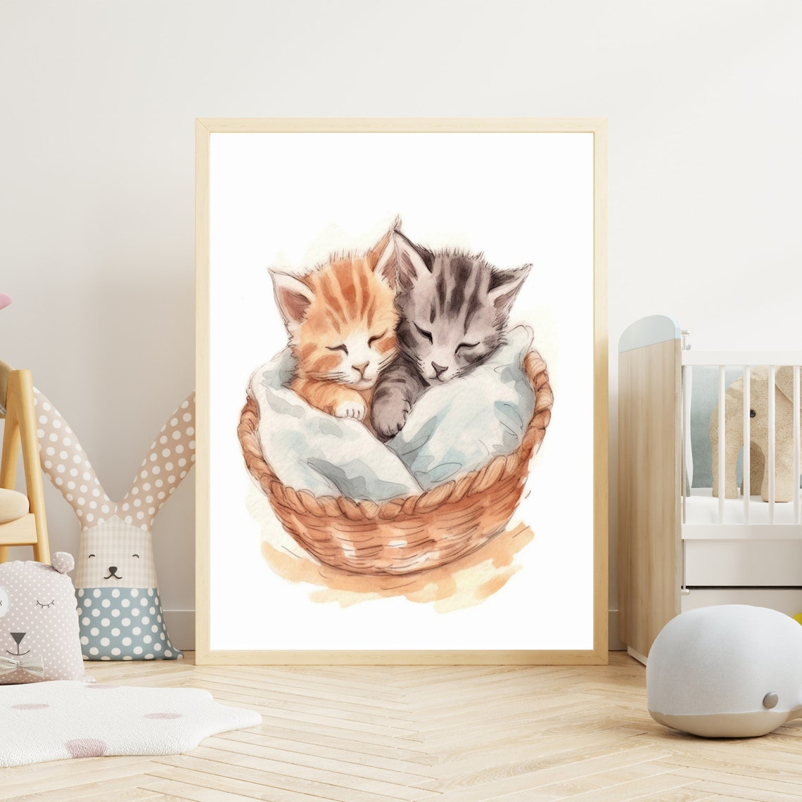 Two Sweet Sleeping Kittens In Basket Watercolor Nursery Poster