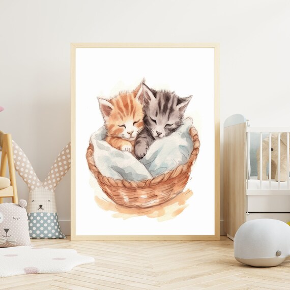 Two Sweet Sleeping Kittens In Basket Watercolor Nursery Poster