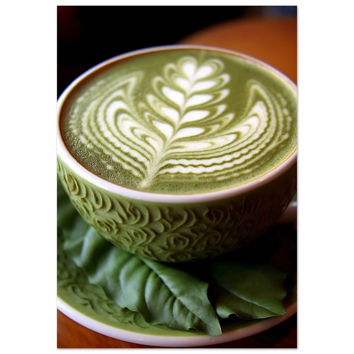 Matcha Latte Leaf Art Embossed Green Cup Cozy Tea Drink Poster - Image 2