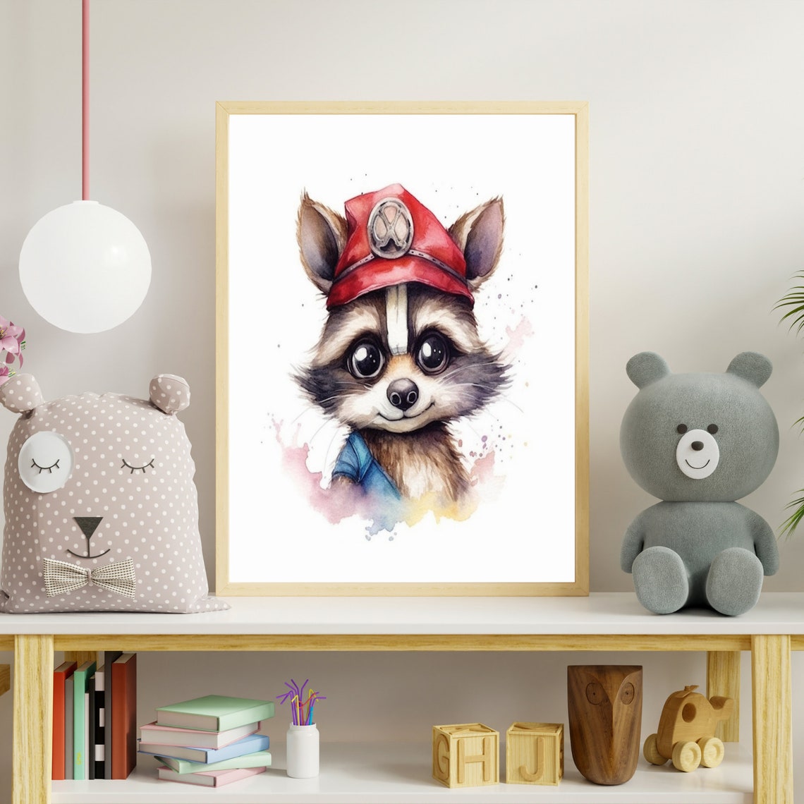 Baby Raccoon Firefighter Helmet Watercolor Nursery Art Poster - Image 3