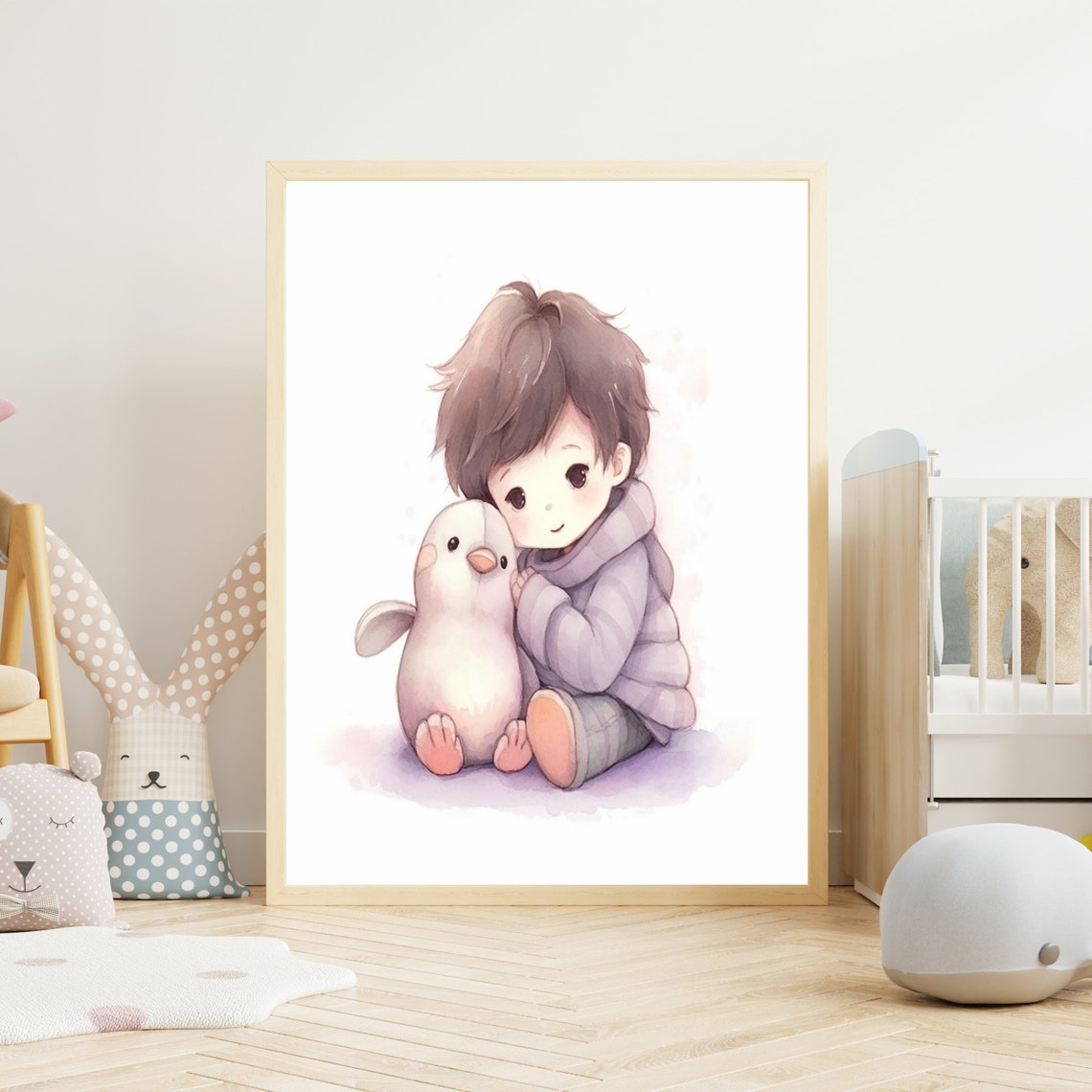 Sweet Boy Hugging Baby Penguin Watercolor Nursery Art Poster