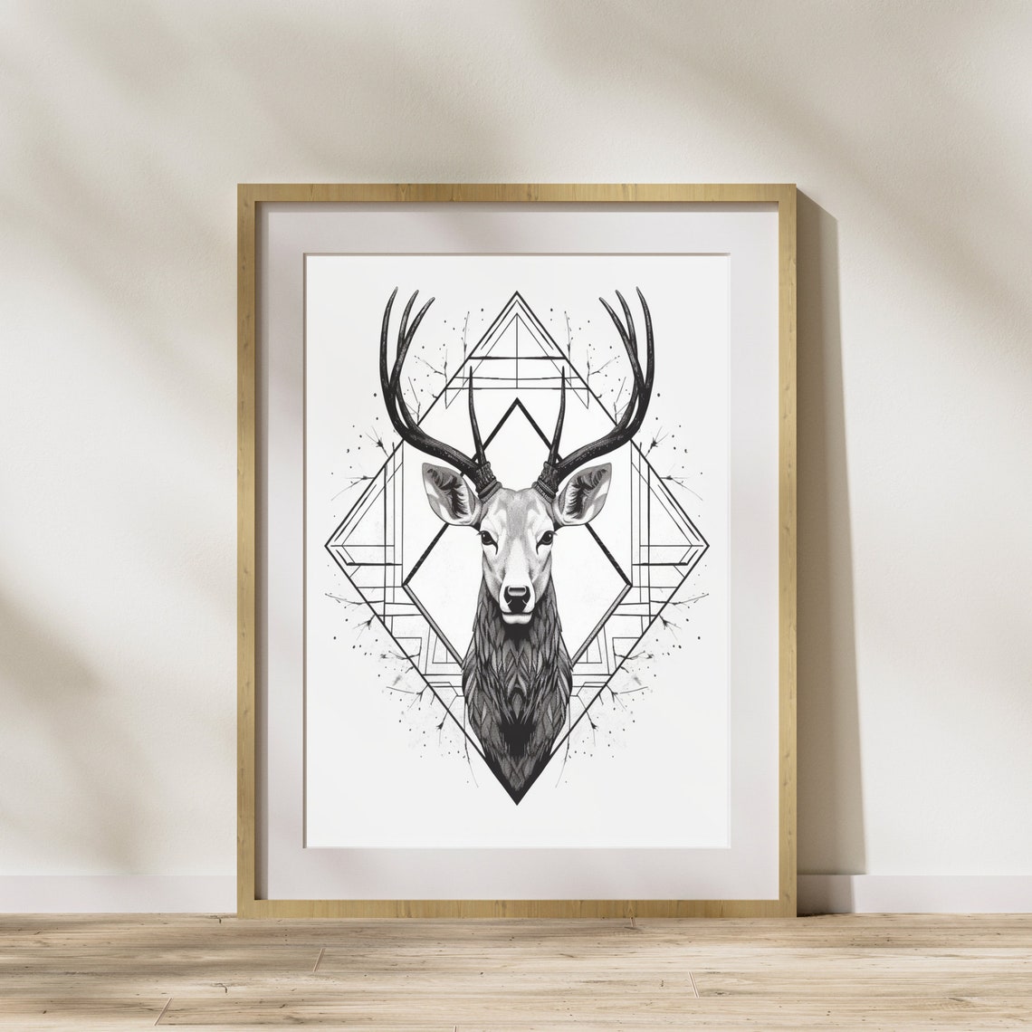 Deer Head Line Art Black White Geometric Triangle Design Poster