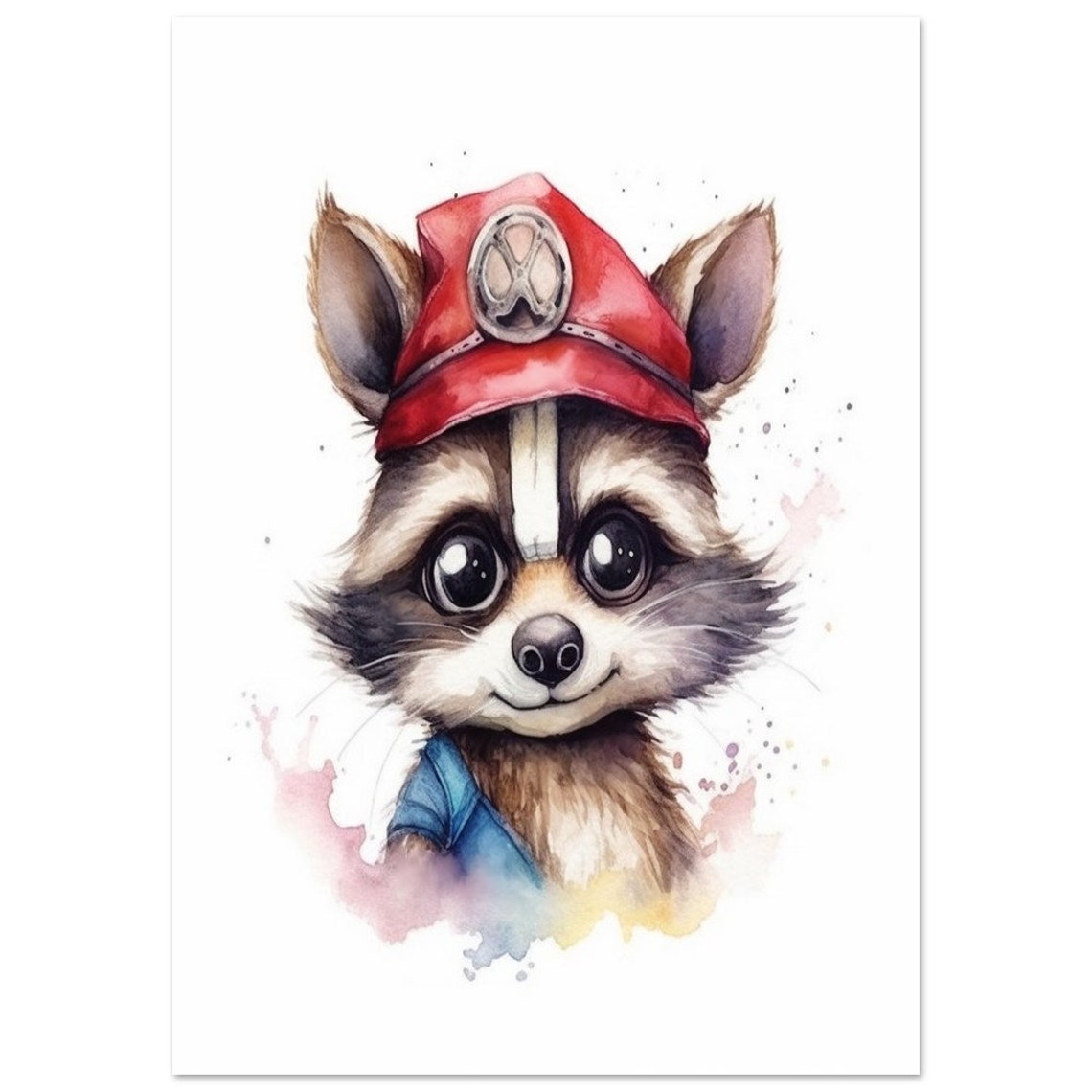 Baby Raccoon Firefighter Helmet Watercolor Nursery Art Poster - Image 2