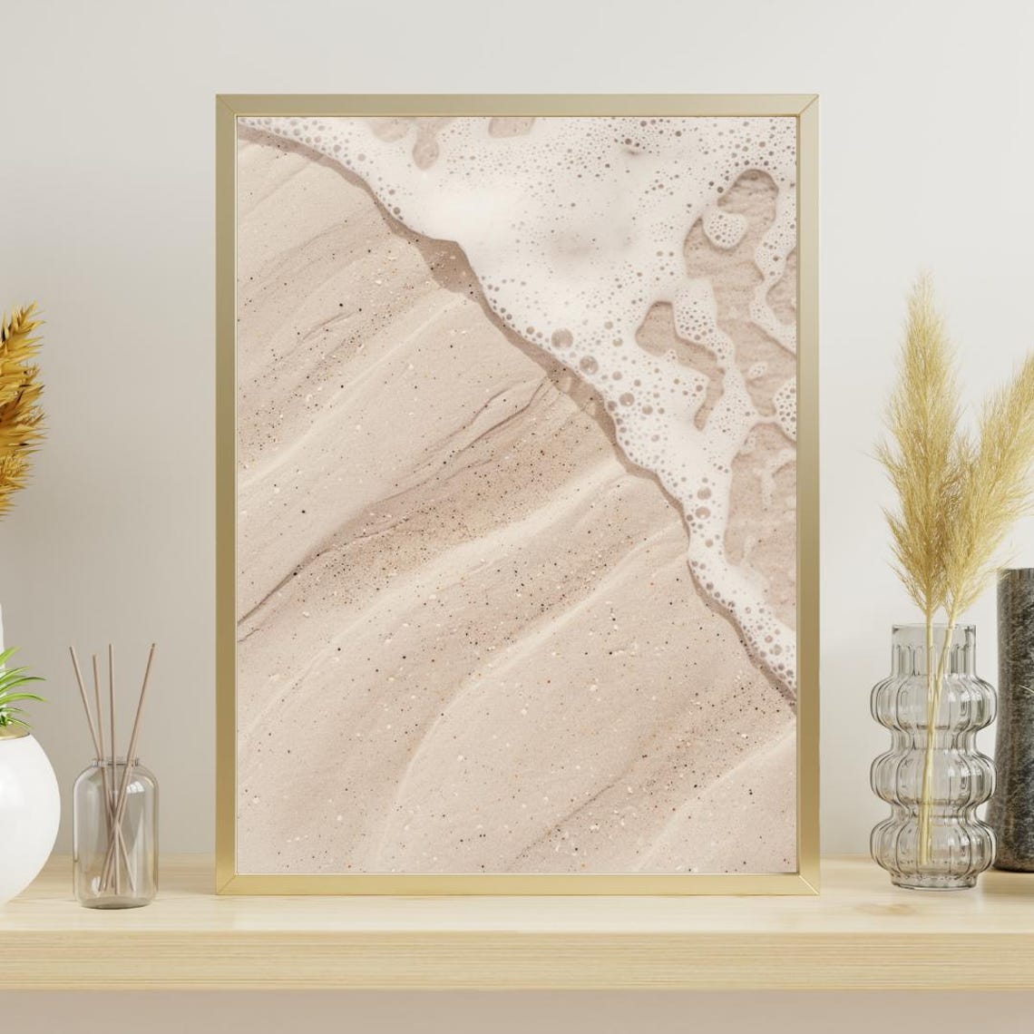 Beach Sea Foam Rippled Sand Aerial Minimal Coastal Photography Poster