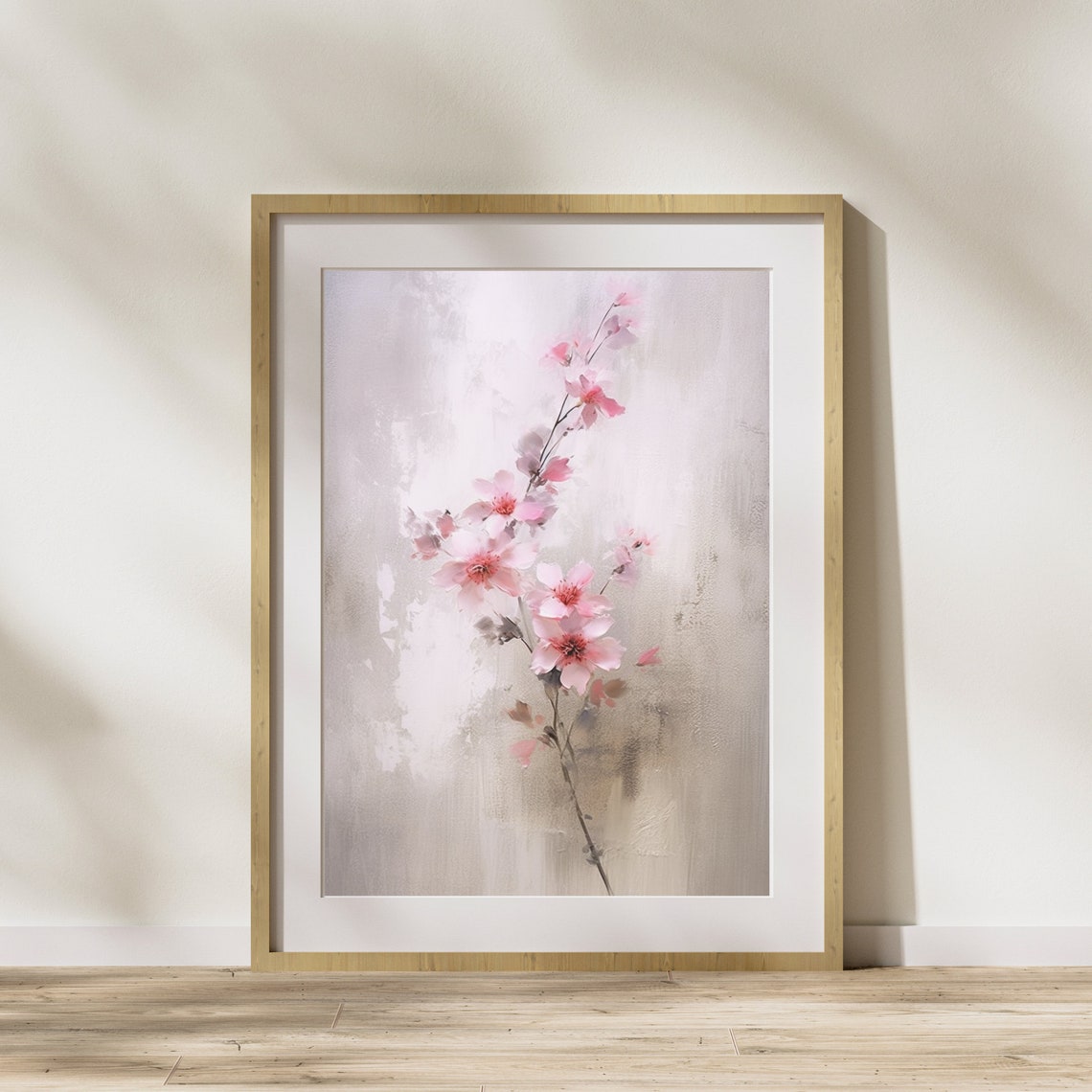 Pink Cherry Blossom Branch Soft Watercolor Floral Painting Wall Art