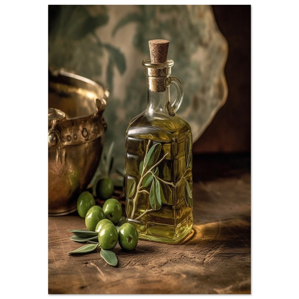 Olive Oil Glass Bottle Green Olives Rustic Kitchen Art Poster - Image 2
