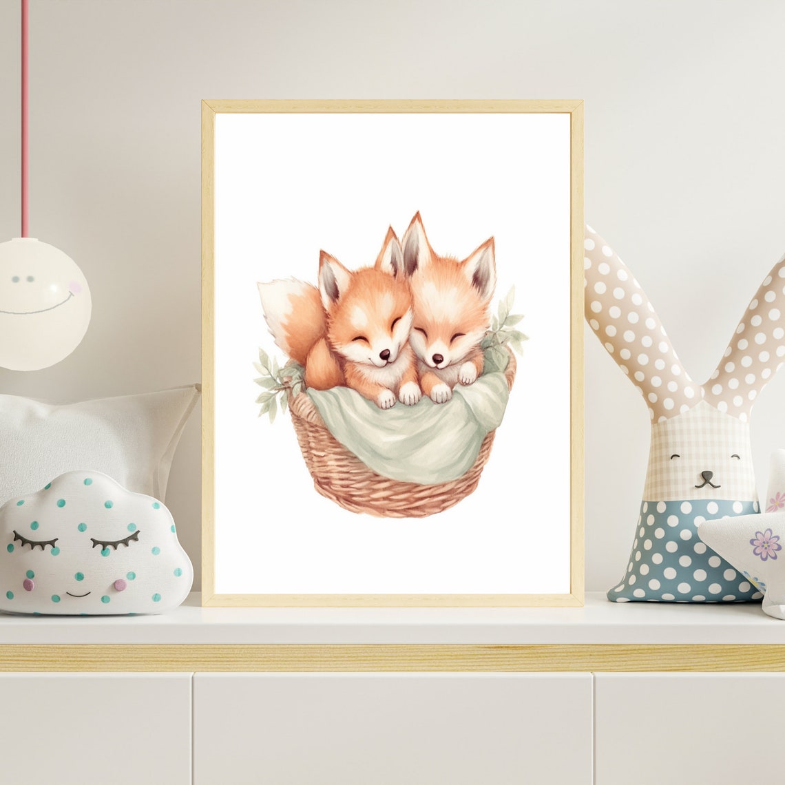 Two Sleeping Baby Foxes in Basket Watercolor Nursery Art Poster - Image 4