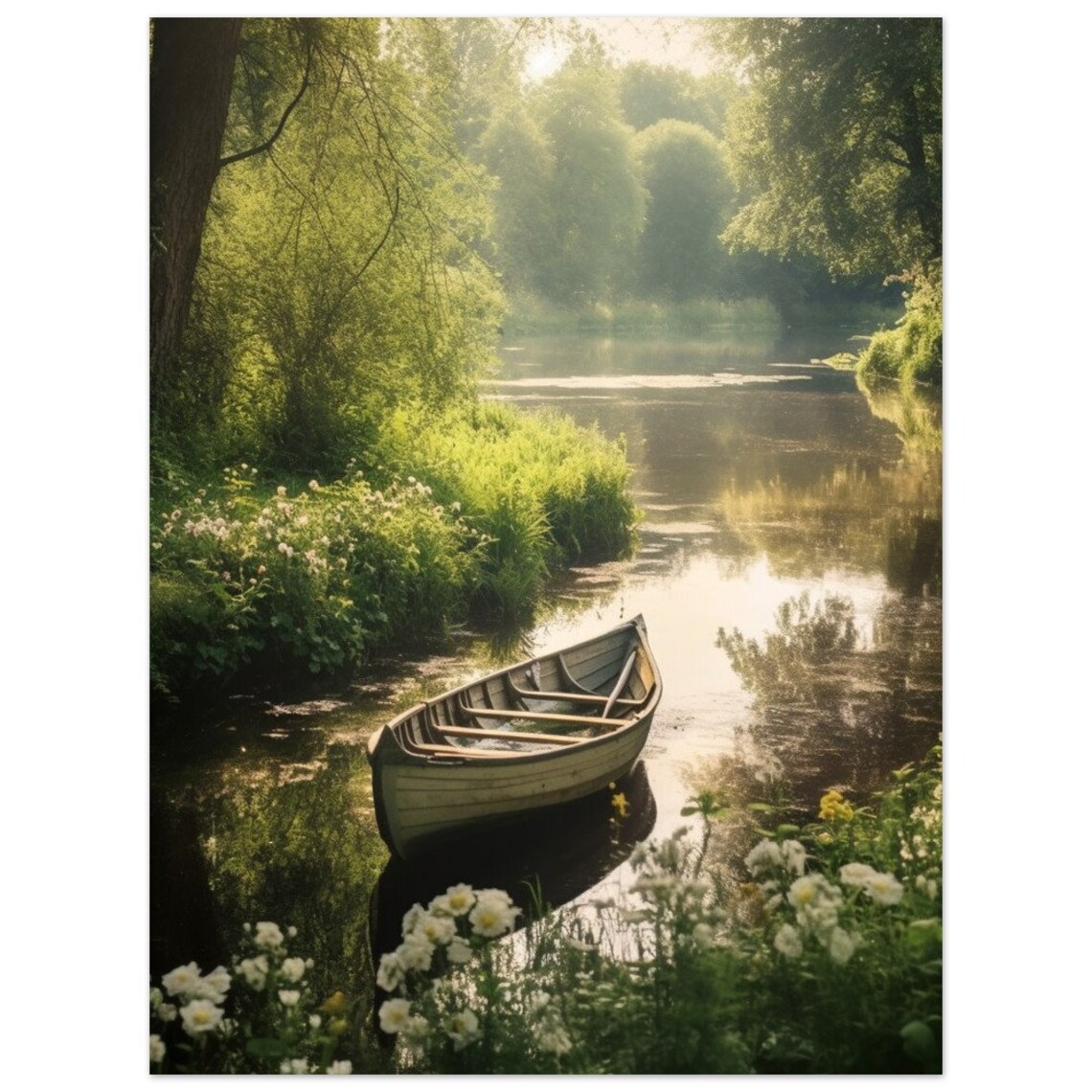 Peaceful Wooden Rowboat On Green Forest River Morning Sunrise Poster - Image 2