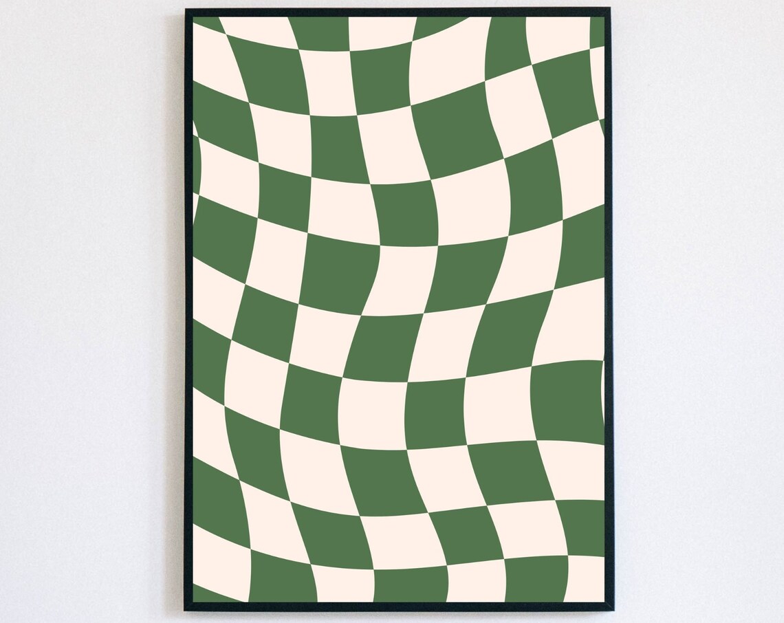 Sage Green Checkered Groovy Retro Art Print