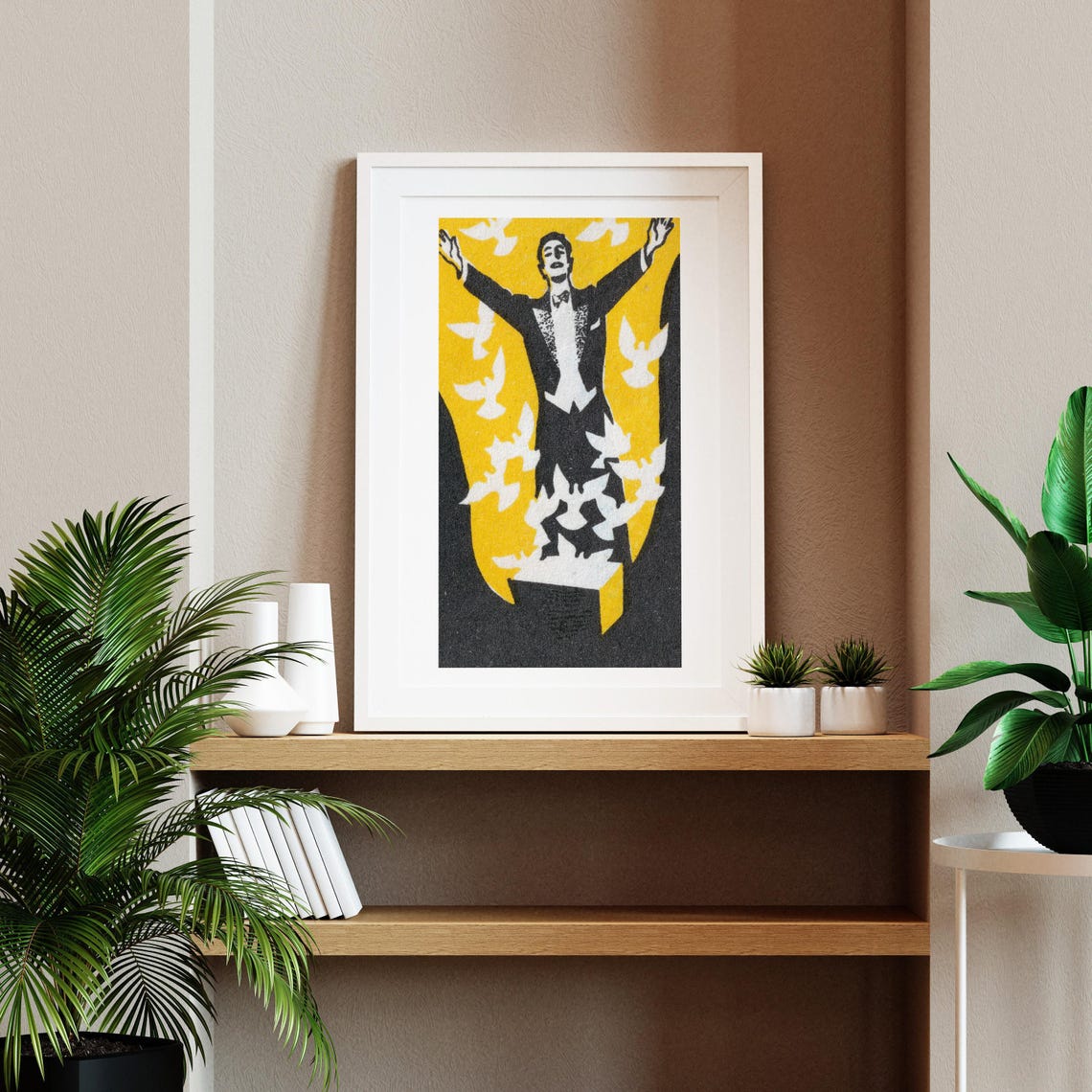 Magician Releasing Doves Yellow Black Matchbox Art Vintage Poster - Image 2