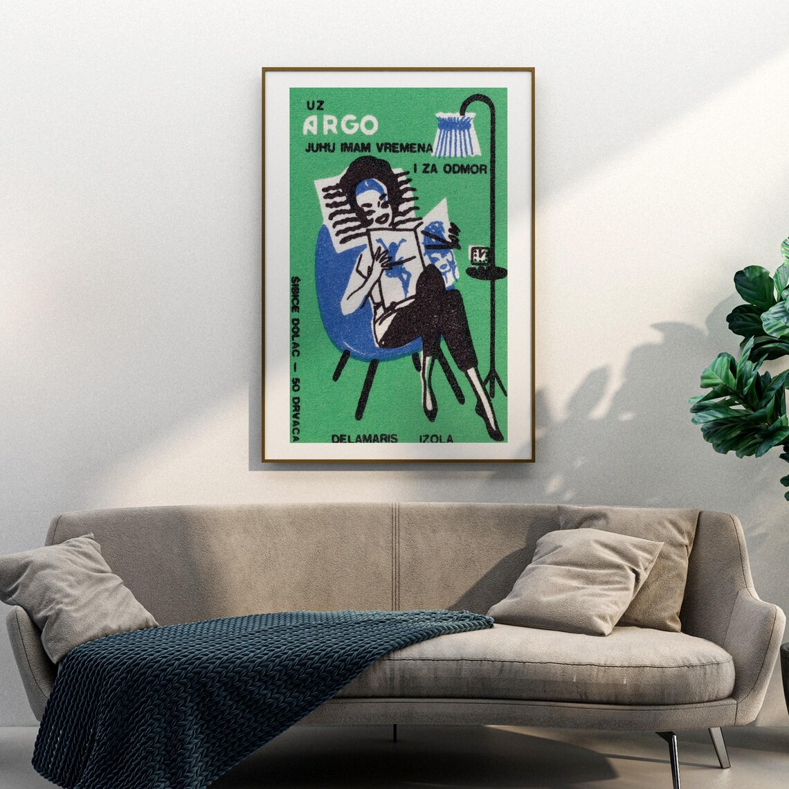 Yugoslavian Argo Matchbox Label Woman Reading in Armchair Vintage Style Poster - Image 3