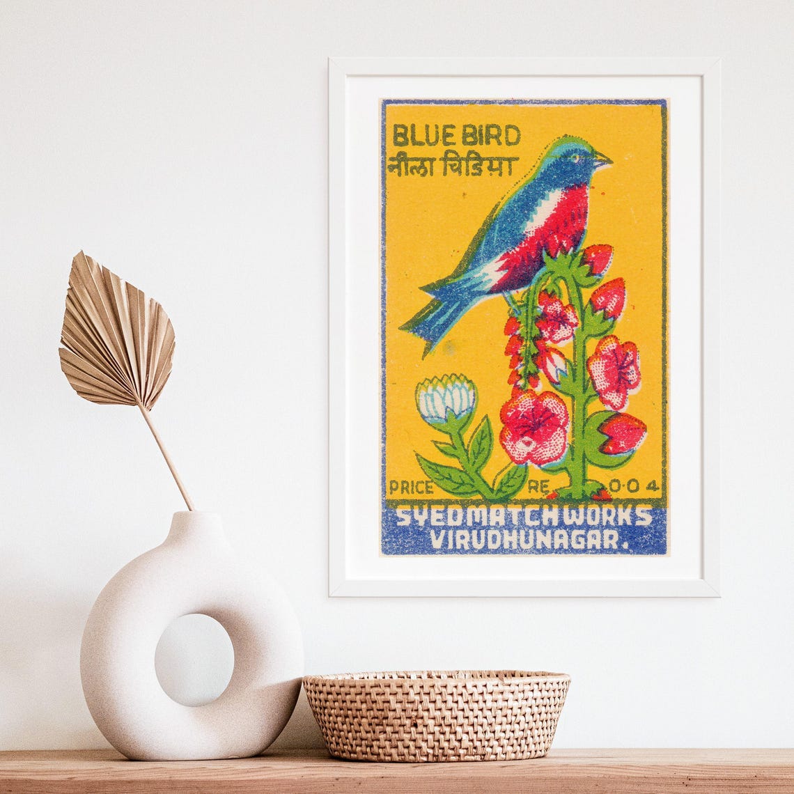 Blue Bird Flower Branch Indian Matchbox Label Vintage Bird Art Poster - Image 4