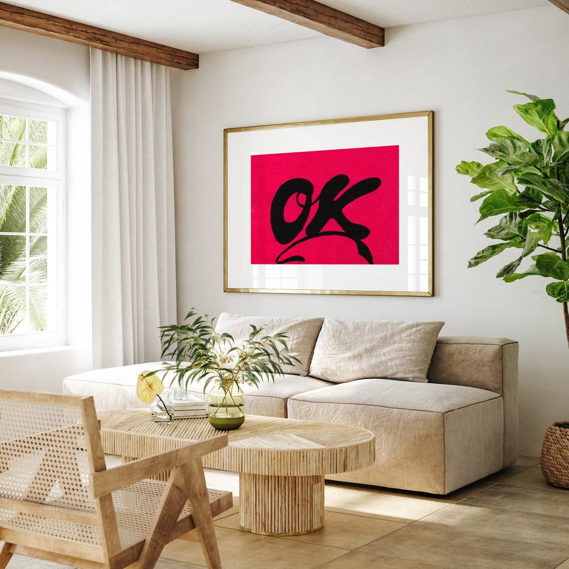 Giant OK Black Script Lettering Red Minimalist Vintage Art Poster - Image 4