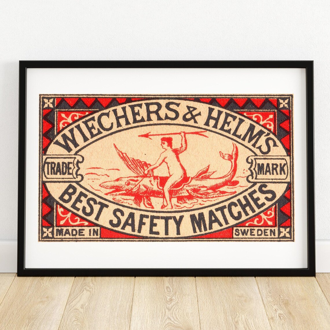 Wiechers and Helms Best Safety Matches Merman Vintage Swedish Label Poster