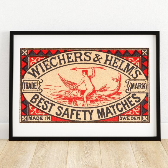 Wiechers and Helms Best Safety Matches Merman Vintage Swedish Label Poster