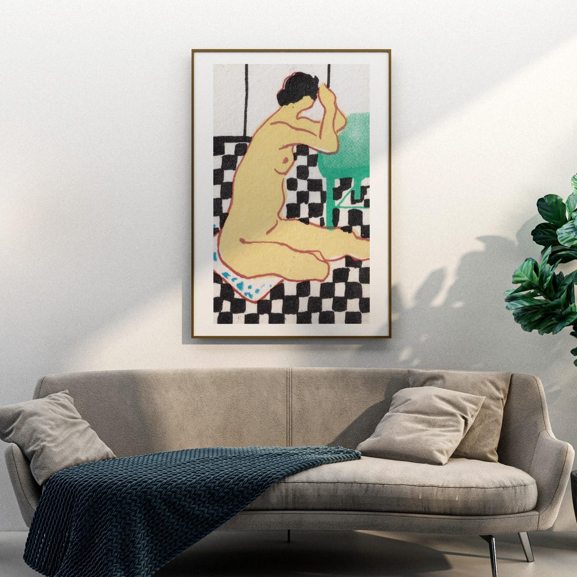 Seated Nude Woman Checkered Floor Vintage Figurative Art Print - Image 3