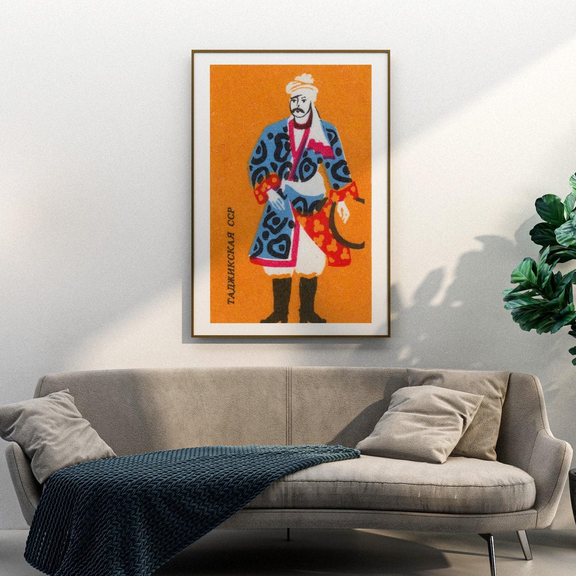 Tajik Man Traditional Dress Soviet Vintage Matchbox Label Art Poster - Image 3