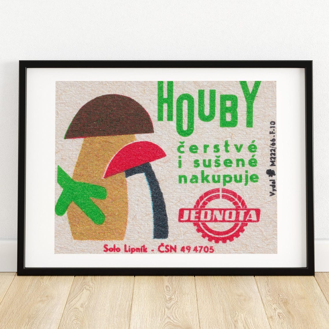 Jednota Fresh Dried Mushrooms Vintage Czech Matchbox Art Poster
