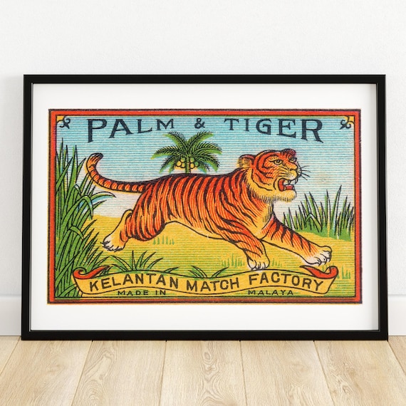 Palm and Tiger Kelantan Vintage Malaya Matchbox Label Art Poster