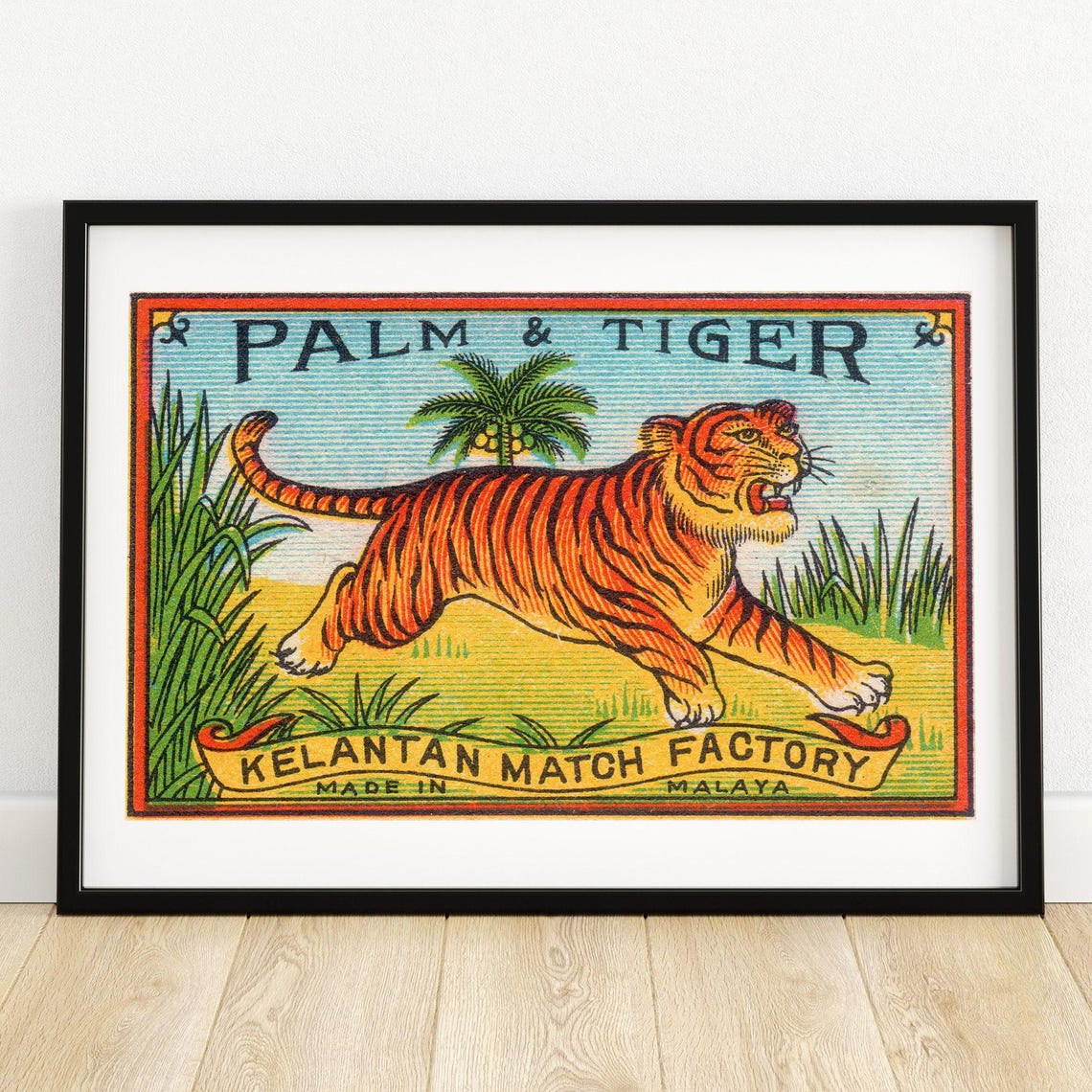 Palm and Tiger Kelantan Vintage Malaya Matchbox Label Art Poster