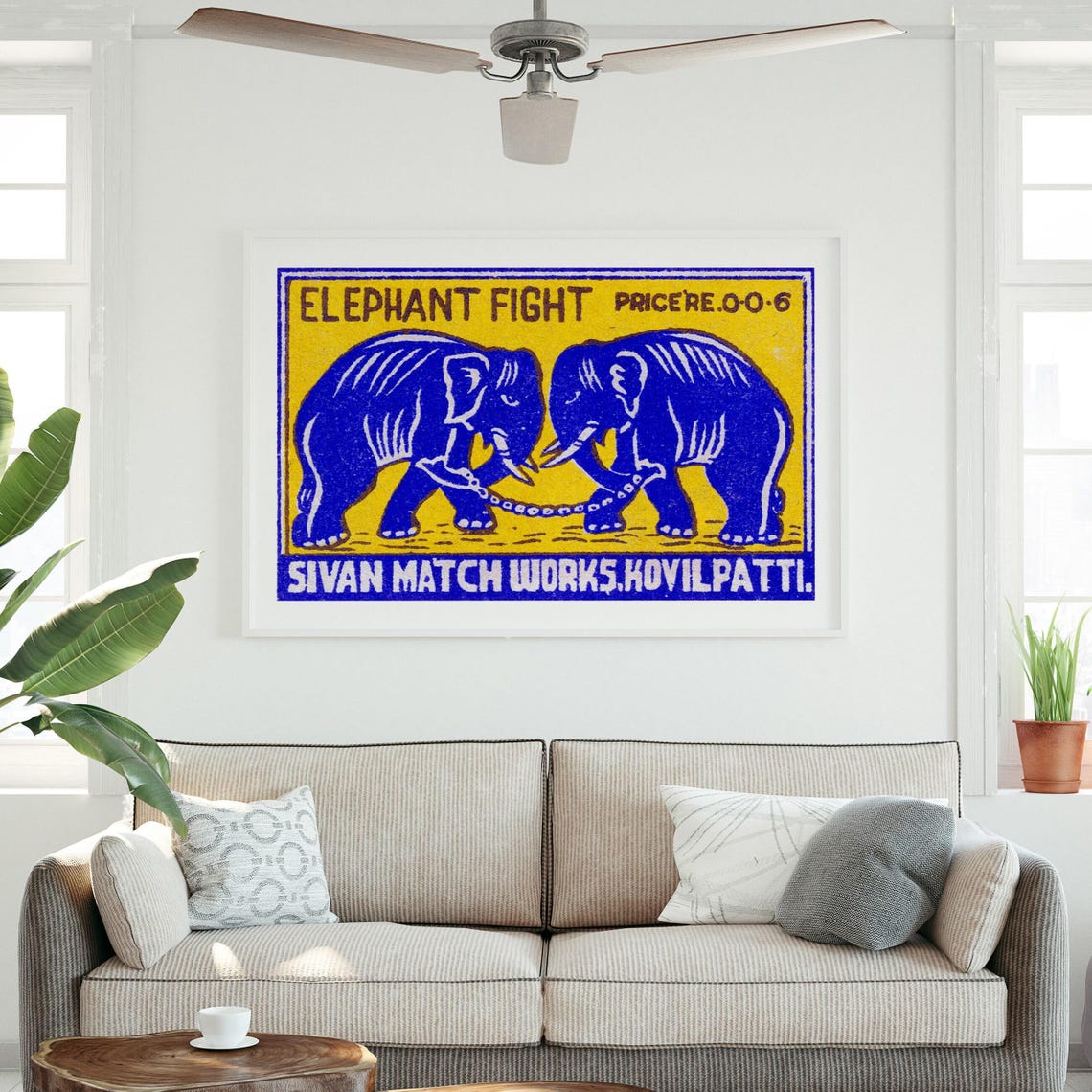 Elephant Fight Blue Indian Safety Matches Vintage Label Art Poster - Image 2