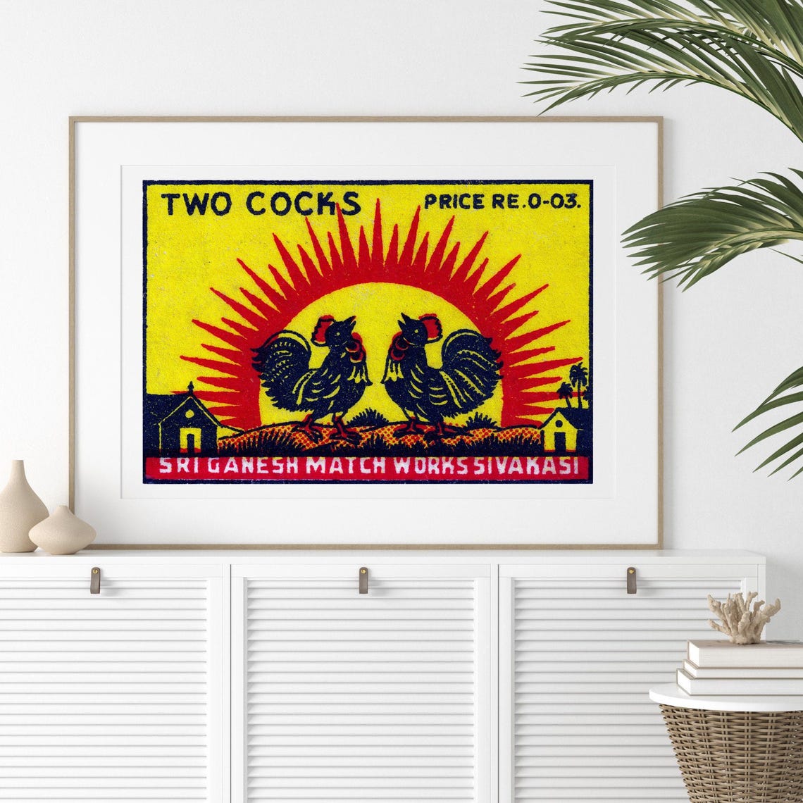 Two Cocks Roosters Blazing Sunrise Vintage India Match Label Poster - Image 2
