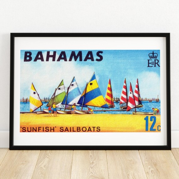 Tropical Sailboats Vintage Bahamas Art Postage Stamp Print Aesthetic Wall Art Postage Stamp Wall Poster Vintage African Art