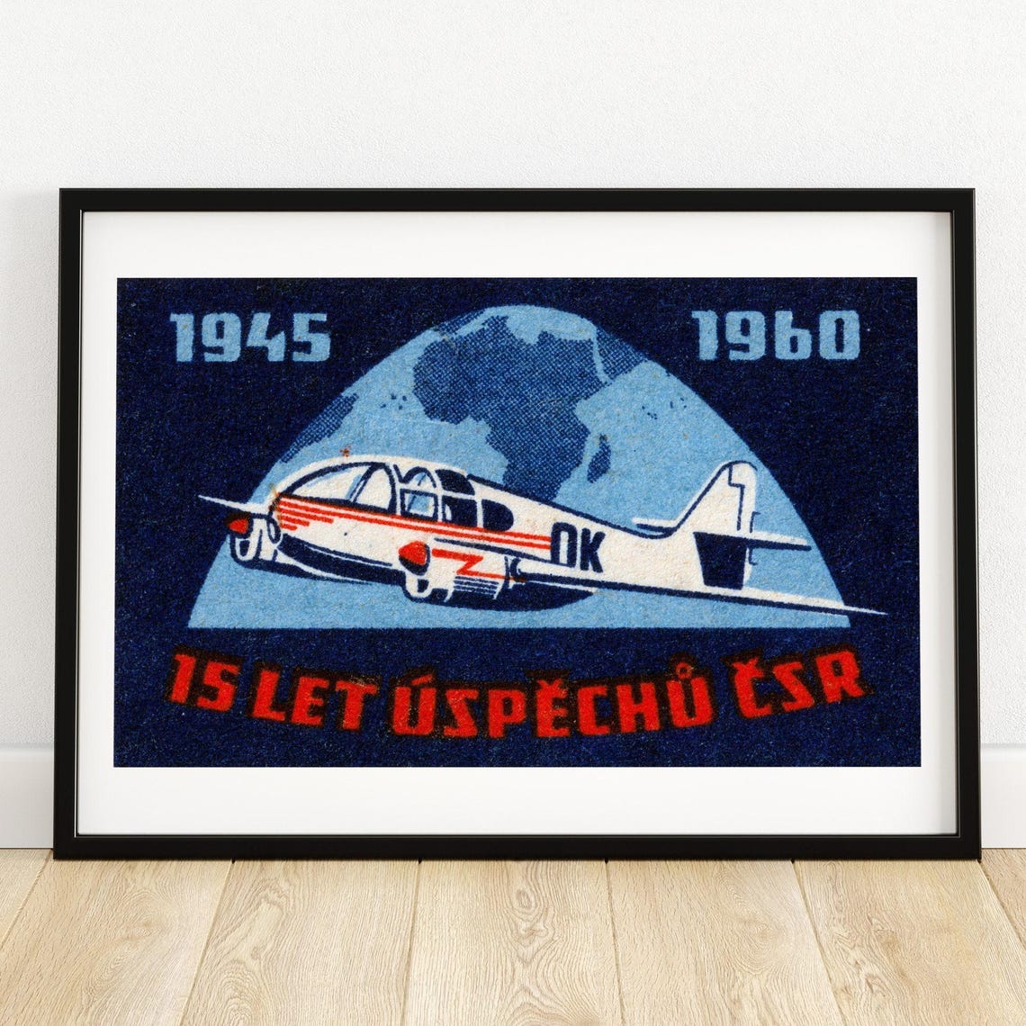 Czechoslovakia 1945 to 1960 Airplane Globe Matchbox Label Art Poster