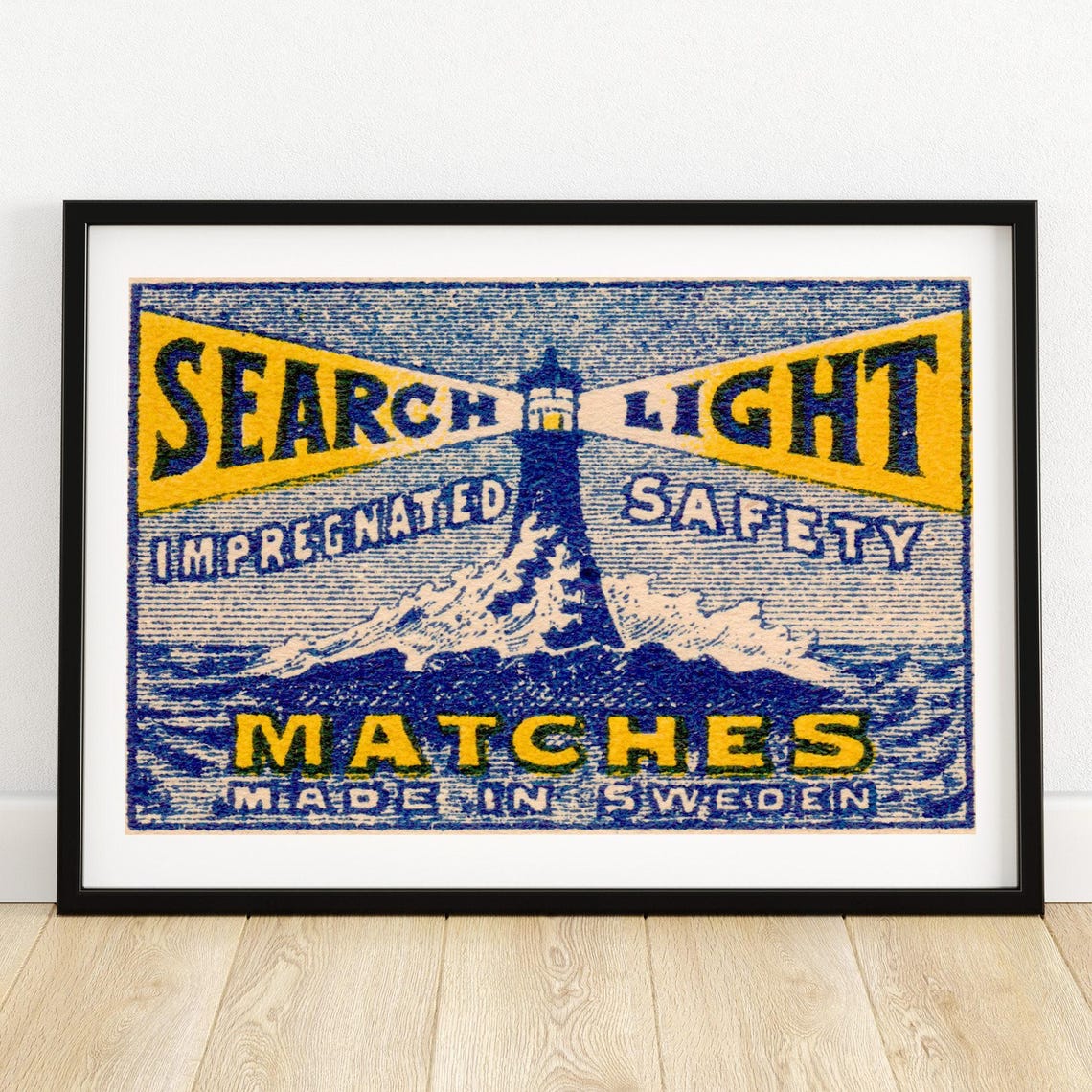 Search Light Lighthouse Blue Swedish Matchbox Label Vintage Poster
