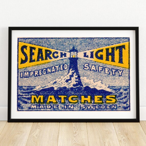 Search Light Lighthouse Blue Swedish Matchbox Label Vintage Poster