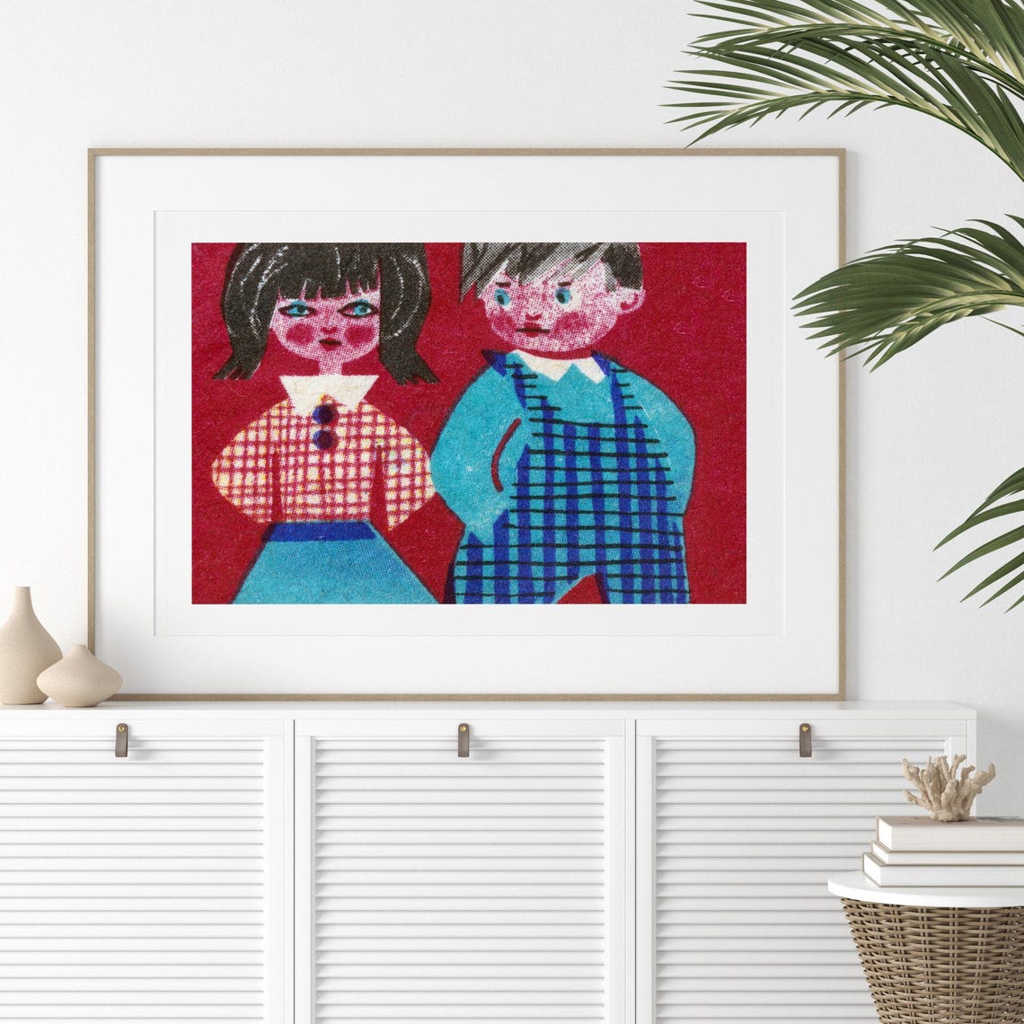 Two Children On Red Vintage Mid Century Matchbox Label Art Poster - Image 2