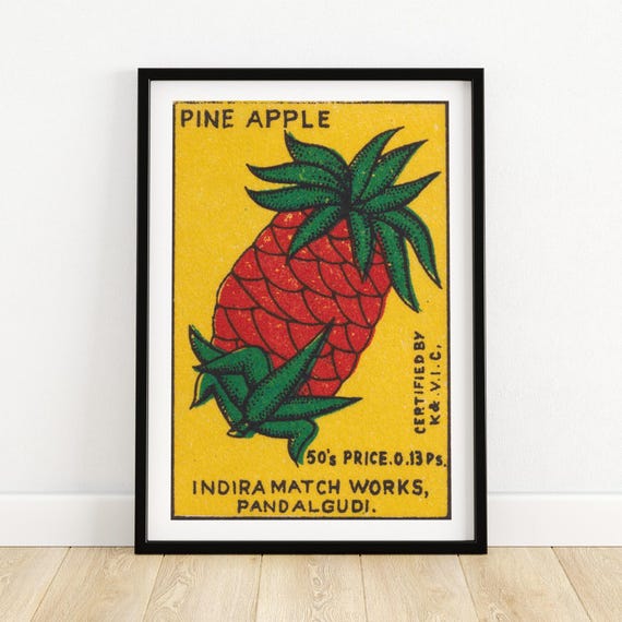 Pineapple Matchbox Print India Wall Art Vintage India Art Matchbox Wall Poster Vintage Poster Print