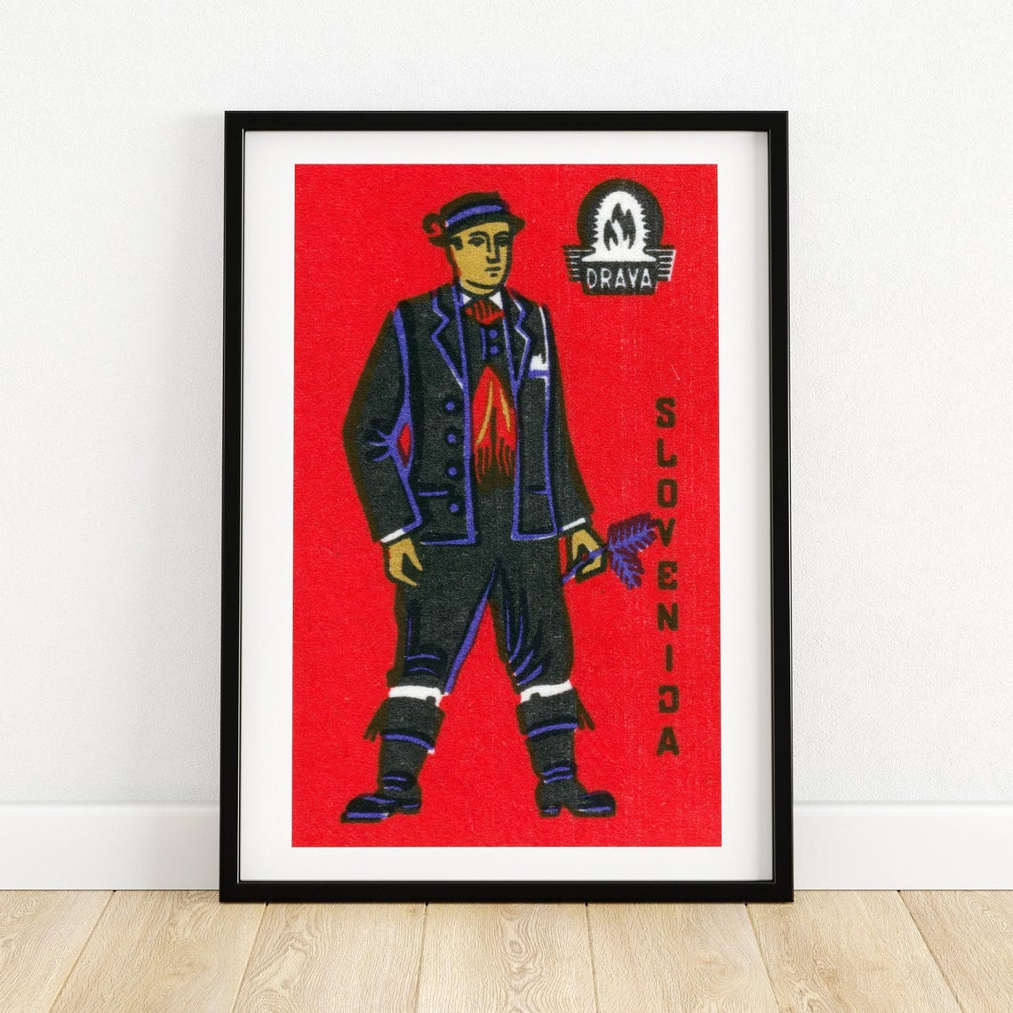Slovenia Folk Costume Drava Matchbox Red Vintage Label Art Poster