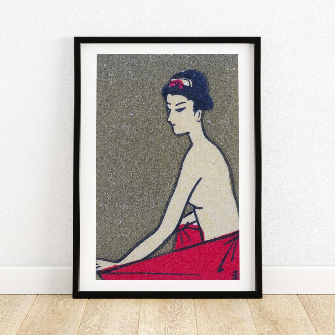 Japanese Woodblock Geisha Woman Red Wrap Grey Ground Art Poster