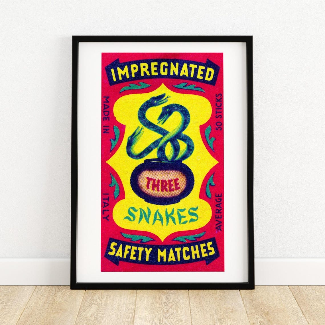 Three Snakes Coiling From Pot Vintage Italy Match Label Art Poster