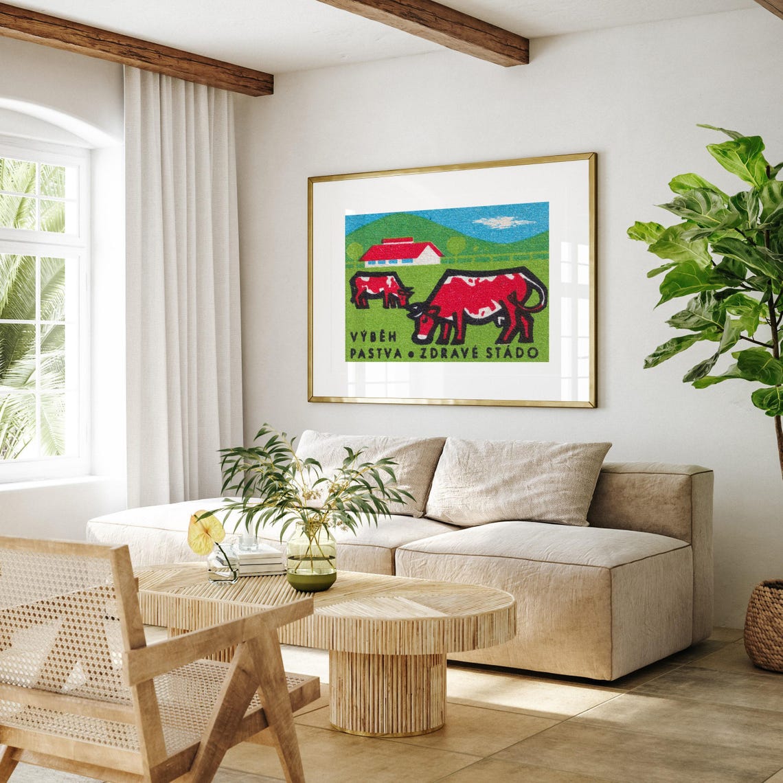 Grazing Cows Healthy Herd Red Barn Vintage Czech Matchbox Poster - Image 4